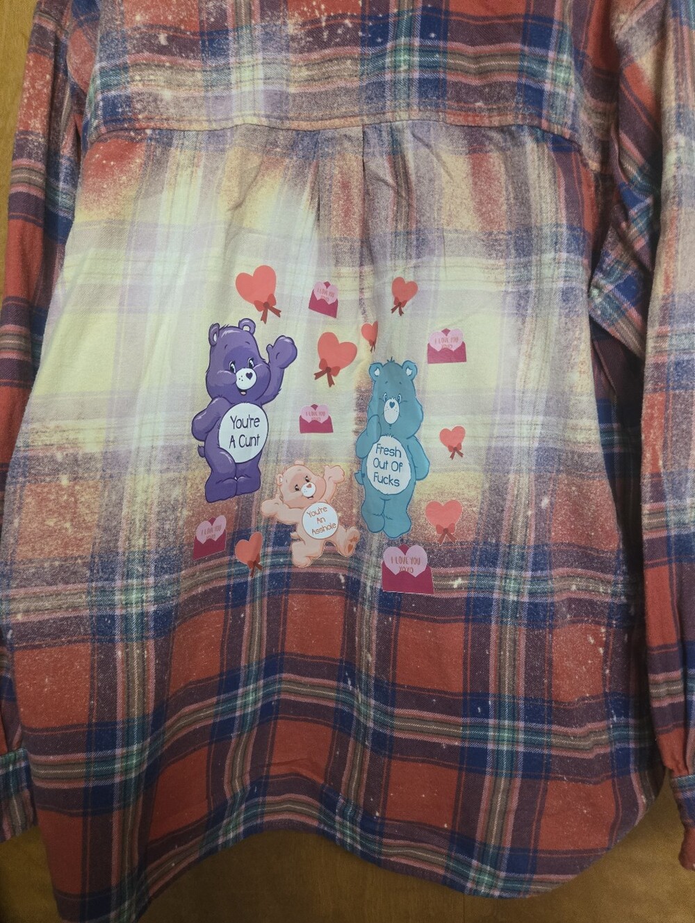 Upcycled Plaid Flannel Top w/ Cute Bear Graphic & Bleach Wash LS06 - Picture 5 of 10
